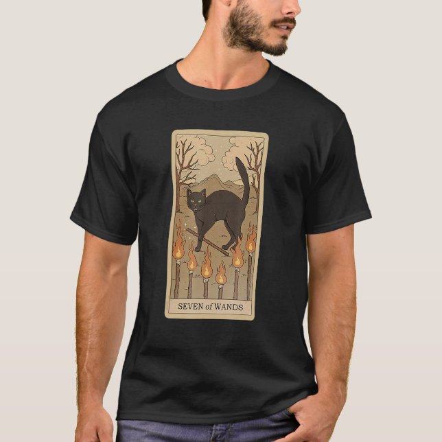 Tarot Card Seven Of Wands And Cat Cosmic Graphic C T-Shirt (Vorderseite)