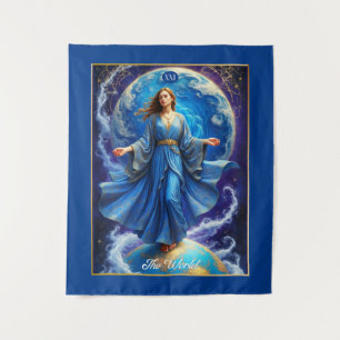 Tarot Card, the World, in Deep Blue Wandteppich