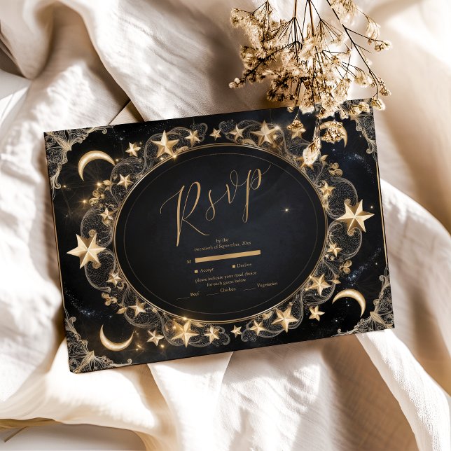 Tarot Celestial Wedding Sun Moon Stars Gold RSVP Karte (Von Creator hochgeladen)