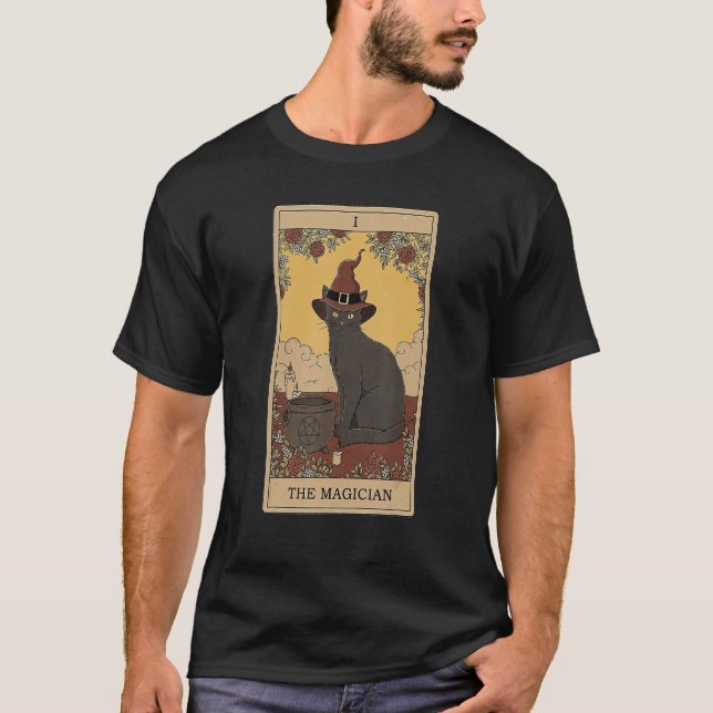 Tarot-Karte der Zauberer und Katze kosmische grafi T-Shirt (Vorderseite)