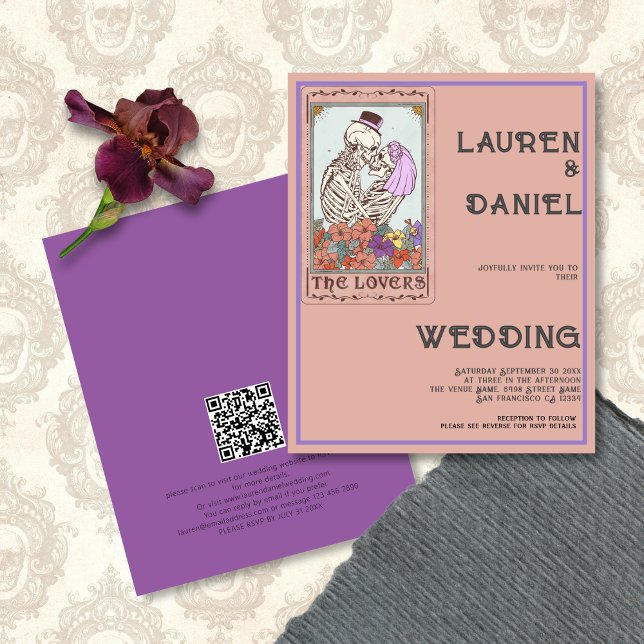 Tarot liebt Minimalistischen Text QR Code Gothic W (Tarot Lovers Wedding Invite Front and Back view)