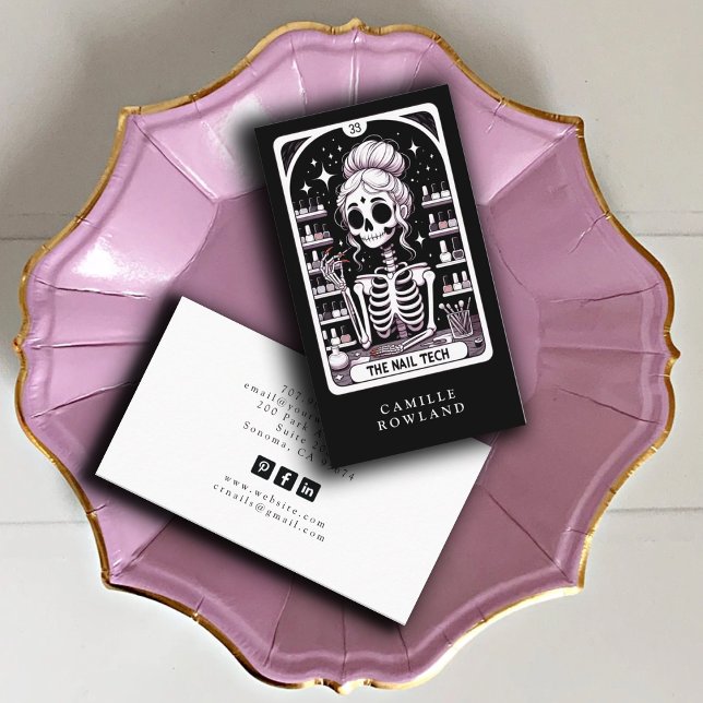 Tarot Nail Technician Schwarz-weiß Business Card Visitenkarte (Von Creator hochgeladen)