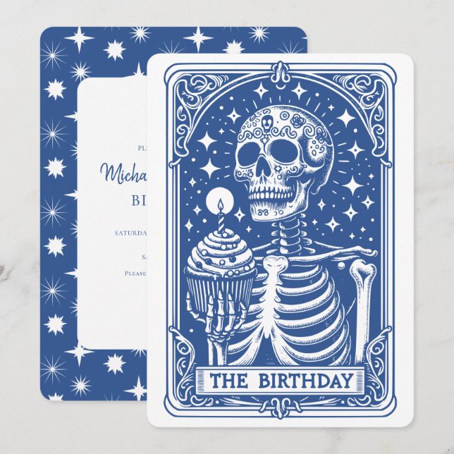 Tarot Skeleton Blue Birthday Einladung (Vorne/Hinten)