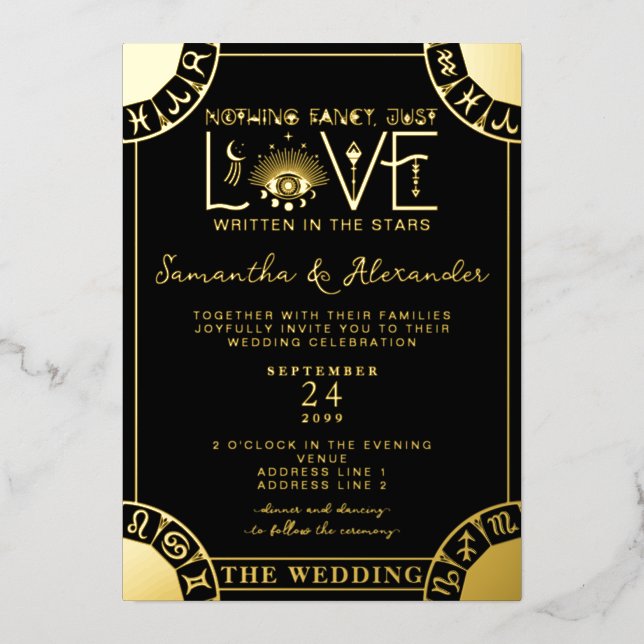 Tarot Zodiac Sign Evil Eye Black Celestial Hochzei Folieneinladung (Vorderseite)