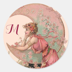 TAROTS/ LADY OF THE MOON,BLUMEN IN ROSA MONOGRAMM RUNDER AUFKLEBER