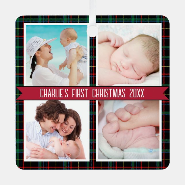Tartan 4 Foto Collage Baby's First Christmas Ornament Aus Metall (Vorderseite)