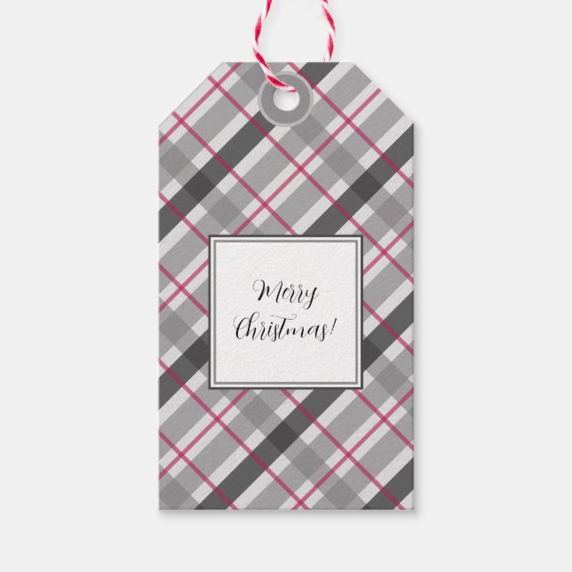 Tartan Balmoral Black Gray Burgundy Mit Monogramm Geschenkanhänger (Vorderseite)