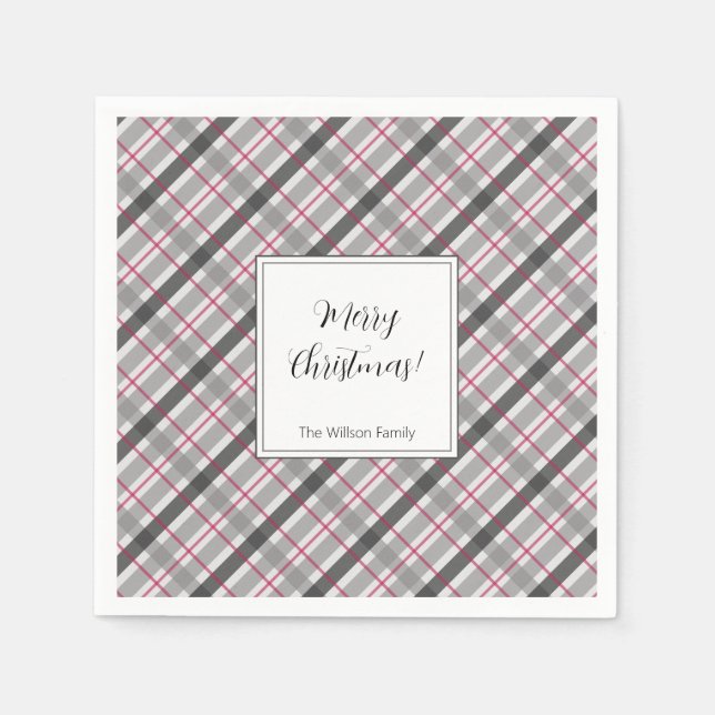 Tartan Balmoral Black Gray Burgundy Mit Monogramm Serviette (Vorderseite)