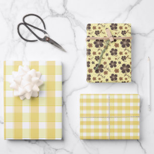 Tartan-Blumen gelb braun Set Geschenkpapier