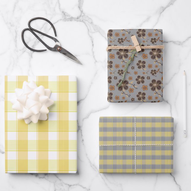 Tartan-Blumen-Gelb-Grau-Set Geschenkpapier Set (Vorderseite)
