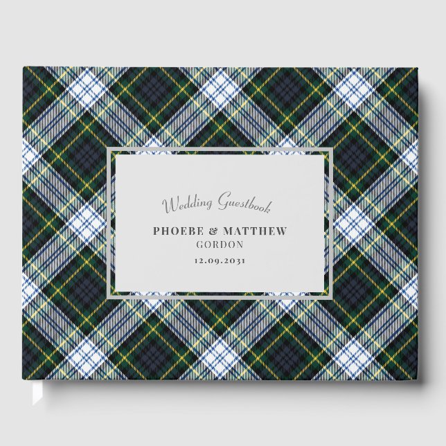 Tartan Clan Gordon Green White Checkered Wedding Gästebuch (Vorderseite)