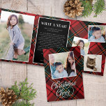 Tartan Classic Script Weihnachts-Foto Trifold Card Dreifach Gefaltete Einladung<br><div class="desc">Dieses schöne dreiseitige Design besticht durch einen karierten Hintergrund aus rotem Tartan und eine elegante Kalligraphie. Der Gruß auf der Titelseite sagt "Weihnachts-Cheer". Wenn Sie die erste Kontrollleiste öffnen, sehen Sie ein Single-Foto. Wenn Sie die Karte vollständig öffnen, sehen Sie ein vertikales Foto auf der links und drei kleinere quadratische...</div>
