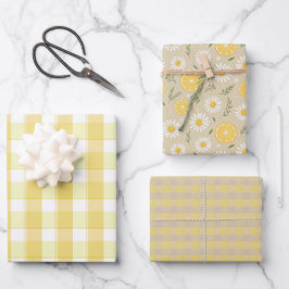 Tartan daisy lemon yellow beige set wrapping paper geschenkpapier set
