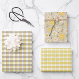 Tartan daisy lemon yellow beige set wrapping paper geschenkpapier set