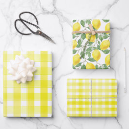 Tartan daisy lemon yellow green set wrapping paper geschenkpapier set