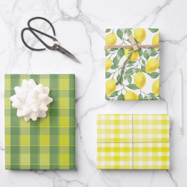 Tartan daisy lemon yellow green set wrapping paper geschenkpapier set (Vorderseite)