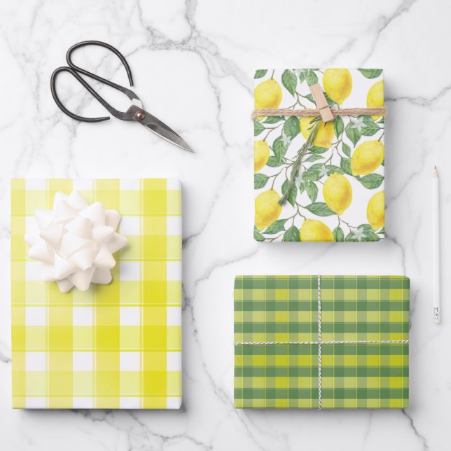 Tartan daisy lemon yellow green set wrapping paper geschenkpapier set (Vorderseite)