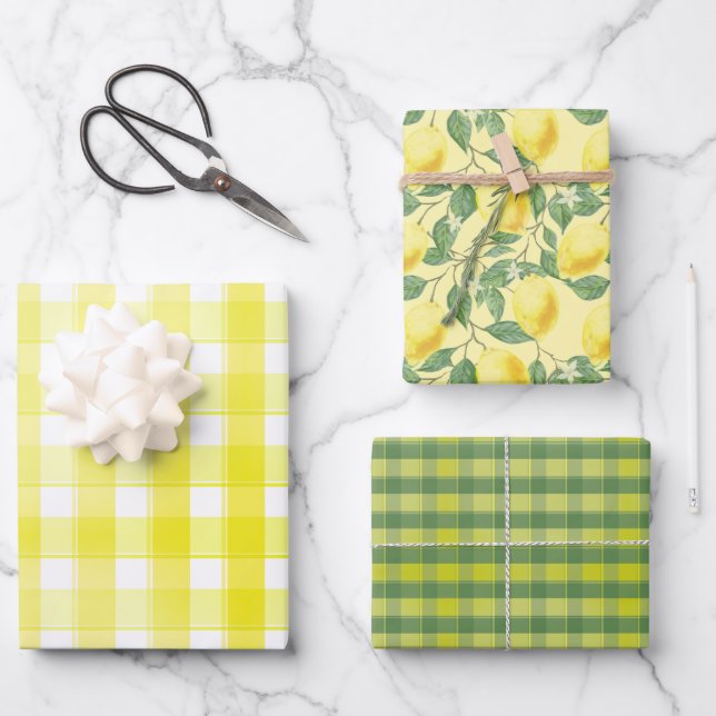 Tartan daisy lemon yellow green set wrapping paper geschenkpapier set (Vorderseite)