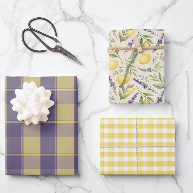 Tartan daisy lemon yellow lavender wrapping paper geschenkpapier set (Vorderseite)