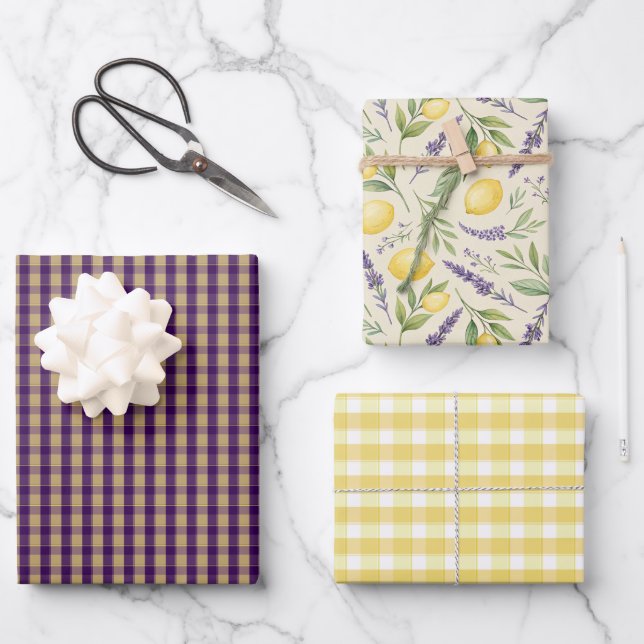 Tartan daisy lemon yellow purple wrapping paper geschenkpapier set (Vorderseite)