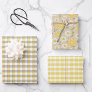 Tartan-Daisy-Lemongelb-Beige-Set-Geschenkpapier Geschenkpapier Set