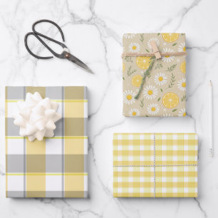 Tartan-Daisy-Limonengelb-Beige-Set Geschenkpapier Set