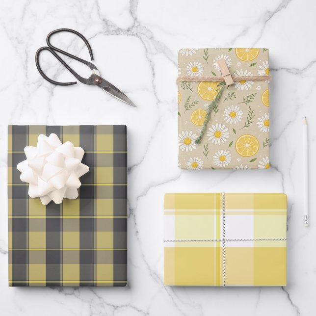 Tartan-Daisy-Limonengelb-Grau-Set-Geschenkpapier Geschenkpapier Set (Vorderseite)