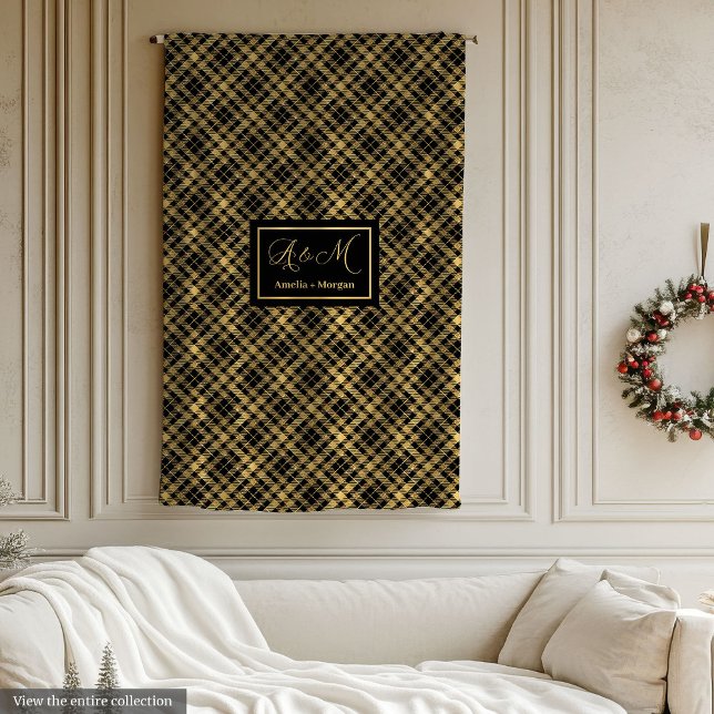 Tartan-Decke Custom Schwarz Gold Winterakzent Fleecedecke (Tartan Blanket Custom Black Gold Winter Accent)
