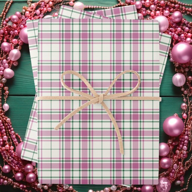 Tartan - Elfenbeingrüne Rose, pink-grün Geschenkpapier Set (Tartan - Ivory-Rose Pink-Emerald Green Wrapping Paper Sheets by Leapfroglisics Shop)
