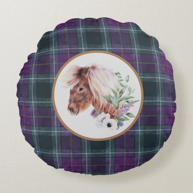 Tartan Floral Horse Scottish Themed Rundes Kissen (Vorderseite)