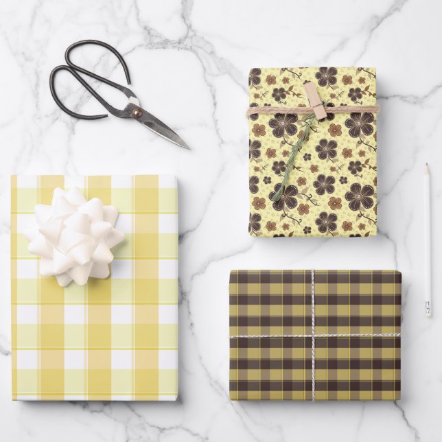 Tartan flower yellow brown set wrapping paper geschenkpapier set (Vorderseite)