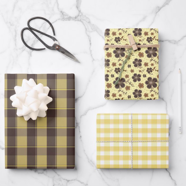 Tartan flower yellow brown set wrapping paper geschenkpapier set (Vorderseite)