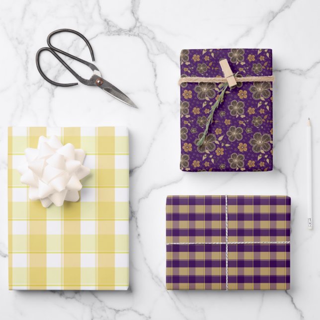 Tartan flower yellow purple set wrapping paper geschenkpapier set (Vorderseite)