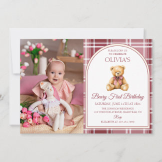 Tartan-Foto-Geburtstag Teddybär mit rosa Schleife Einladung