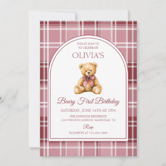 Tartan-Geburtstags-Teddybär mit rosa Schleife Einladung