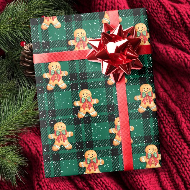 Tartan Green Black Gingerbrot Schneefall Weihnacht Geschenkpapier (Tartan Green Black Gingerbread Snowfall Christmas Wrapping Paper)