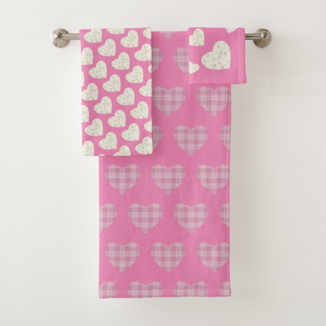 Tartan Hearts Blume Rosa Grau Badhandtuch Set (Insitu)