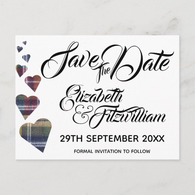 Tartan Hearts Save the Date Postkarte (Vorderseite)