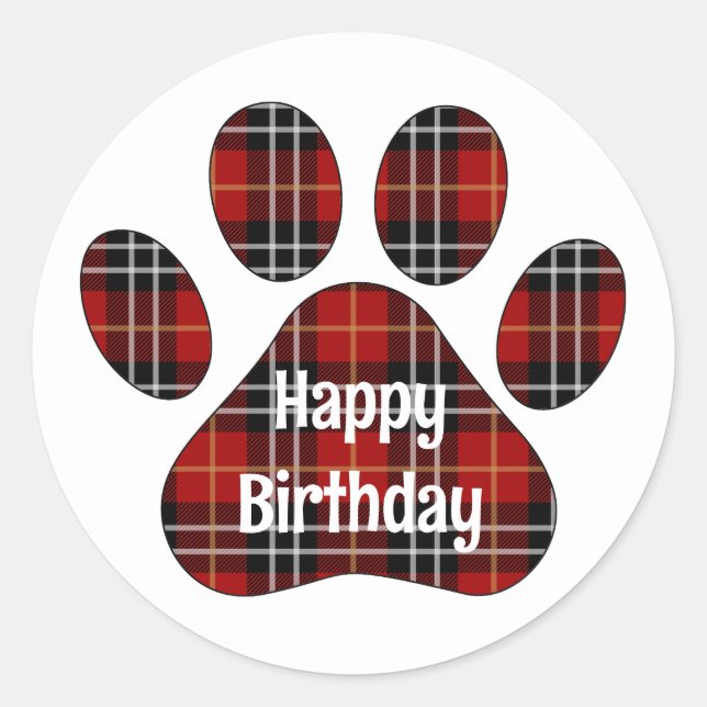 Tartan Kariert Birthday Pawprints Runder Aufkleber (Vorderseite)