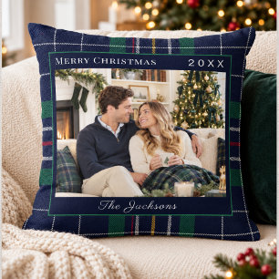 Tartan Kariert Blau Grün Foto Weihnachten Kissen