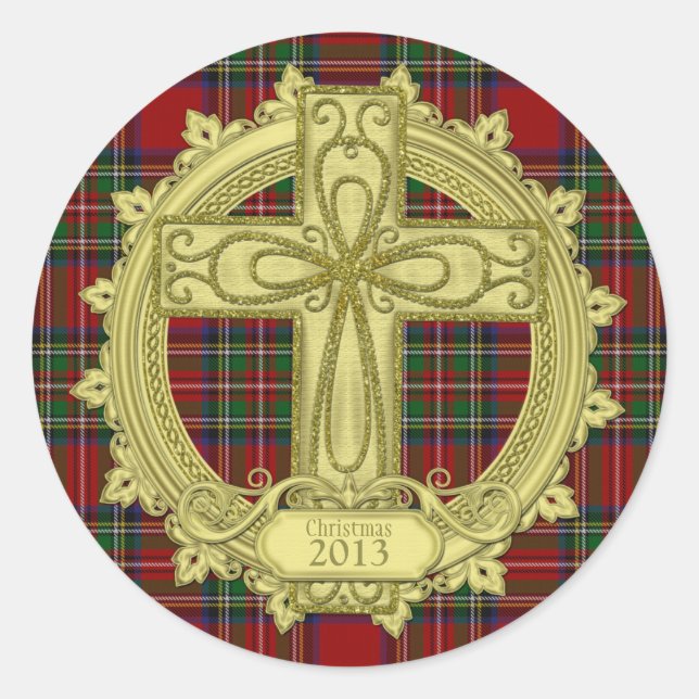 Tartan Kariert Celtic Cross Weihnachten Weihnachte Runder Aufkleber (Vorderseite)