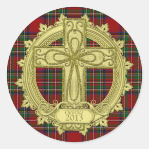 Tartan Kariert Celtic Cross Weihnachten Weihnachte Runder Aufkleber