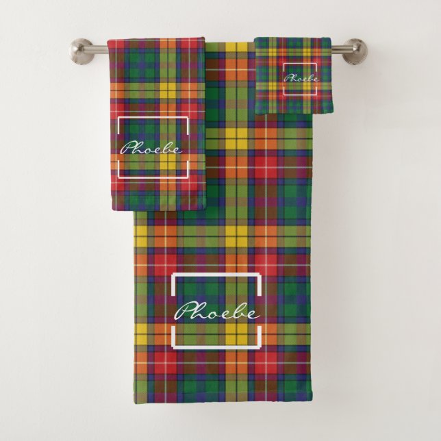 Tartan Kariert Clan Buchanan Yellow Red Green Karo Badhandtuch Set (Insitu)