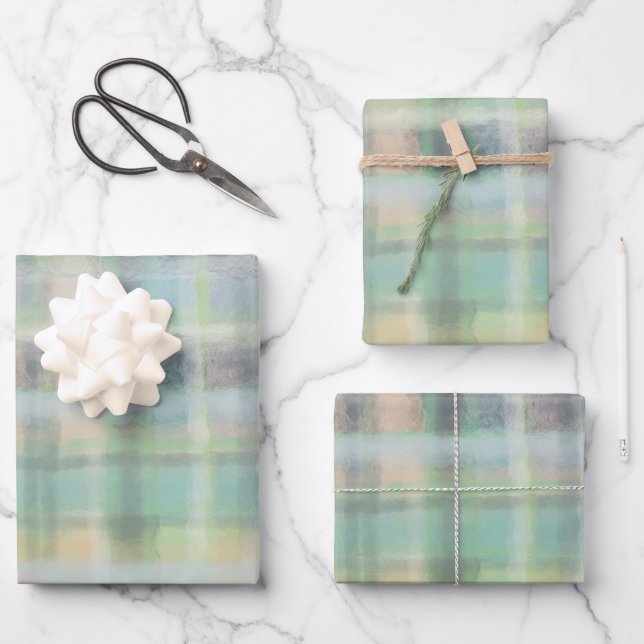 Tartan kariert, modern pastellgelb, cyan, grau geschenkpapier set (Vorderseite)