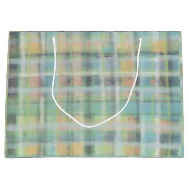 Tartan kariert, modern pastellgelb, cyan, grau große geschenktüte (Vorderseite)