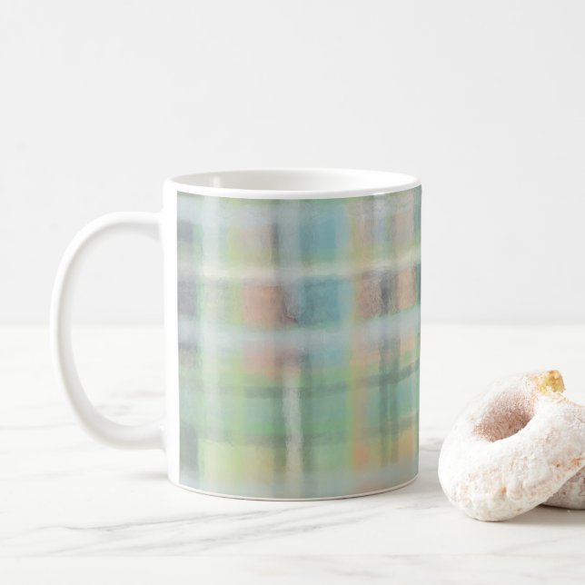 Tartan kariert, modern pastellgelb, cyan, grau kaffeetasse (Mit Donut)