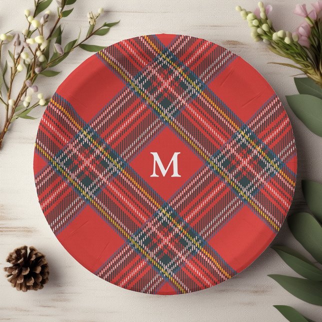 Tartan Kariert Red Christmas Monogram Pappteller (Von Creator hochgeladen)