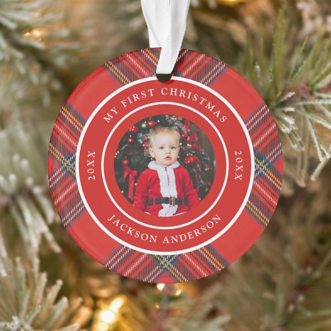 Tartan Kariert Red | Mein erstes Weihnachtsfest-Fo Ornament (Baum)