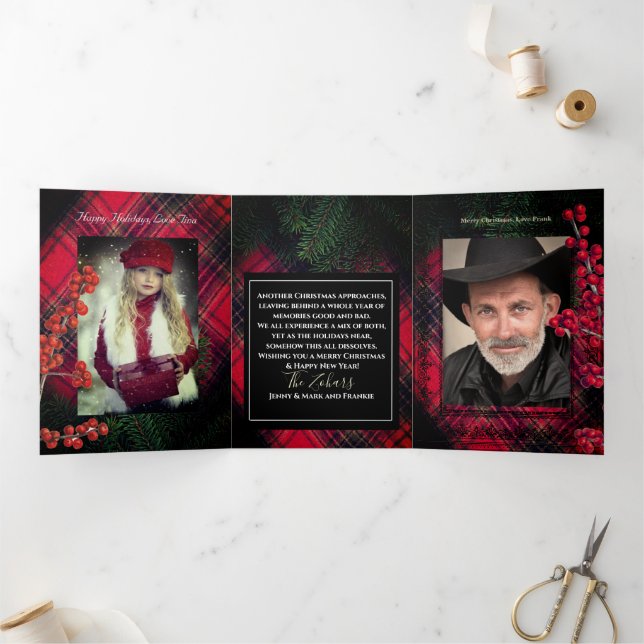 Tartan Kariert Red Personalisiert White Script Dreifach Gefaltete Urlaubskarte (Innenseite)