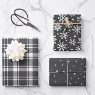 Tartan Kariert und Snowflake Monochrom Geschenkpapier Set